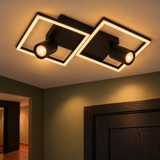 Plafoniera con 2 faretti orientabili moderna a cornici quadrate nero led 23w cct 2700k 3300k 4000k