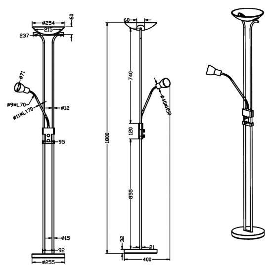 Lampada da terra led 4x4,5w 3000k nichel luce orientabile da lettura