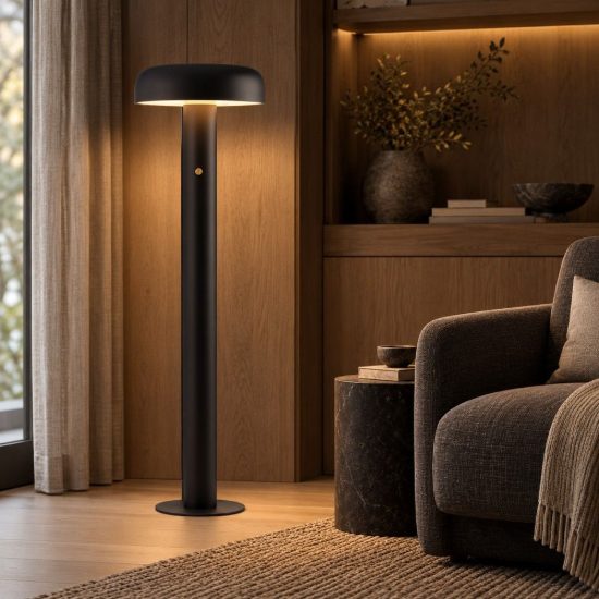 Lampada da terra con testa a disco led 28w 3000k dimmerabile per soggiorno moderna nera sabbiata