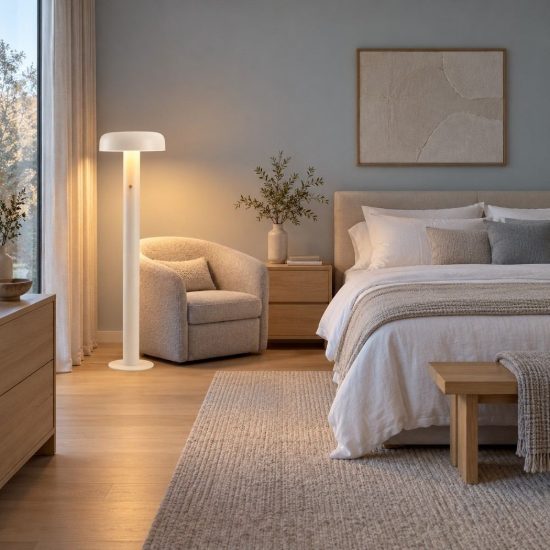 Lampada da terra con testa a disco led 28w 3000k dimmerabile per soggiorno moderna crema