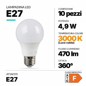 Lampadina e27 led 4,9w 3000k confezione 10 pezzi
