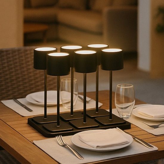 Kit 6 lampade da tavolo per esterno con base di ricarica led 9w cct 2700k 4000k 6000k nero
