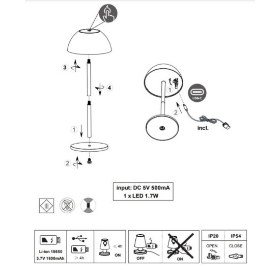 Lampada da tavolino senza fili per esterni design grigia led 1,7w 3000k