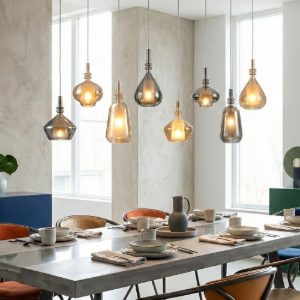 Lampadario a sospensione con 8 pendenti vetri ambra cromo per tavolo sala da pranzo