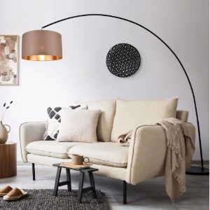 Lampada ad arco da terra per tavolo da pranzo flux curva nera paralume tortora