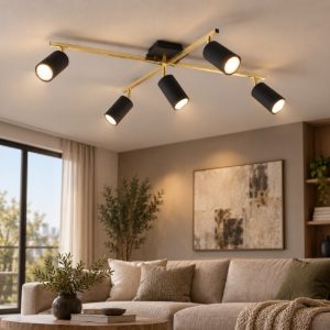 Plafoniera con 5 faretti orientabili moderna nero oro