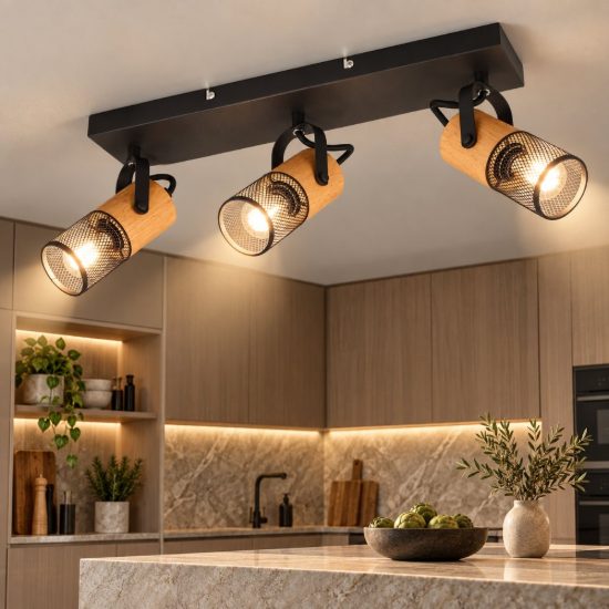 Plafoniera con 3 faretti orientabili nero opaco legno