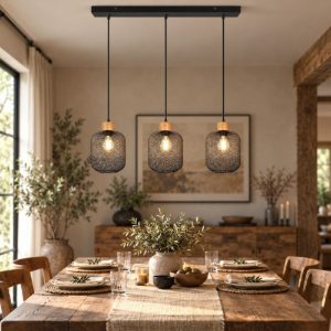 Lampadario 3 luci lineare per tavolo da pranzo nero opaco legno