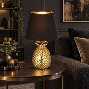 Lampada da tavolo per soggiorno ananas oro paralume nero