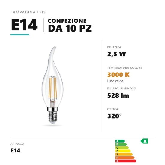 Lampadina e14 led filamento 2,5w colpo di vento 3000k trasparente confezione 10 pezzi gea luce
