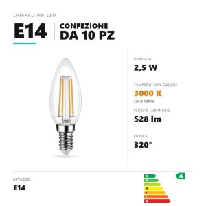Lampadina e14 led filamento 2,5w a candela 3000k trasparente confezione 10 pezzi gea luce