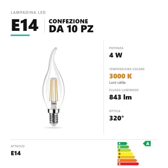 Lampadina e14 led filamento 4w colpo di vento 3000k trasparente confezione 10 pezzi gea luce