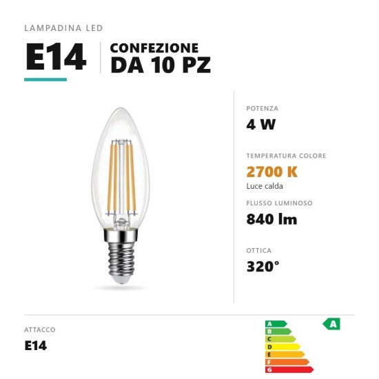 Lampadina e14 led filamento 4w a candela 2700k trasparente confezione 10 pezzi gea luce