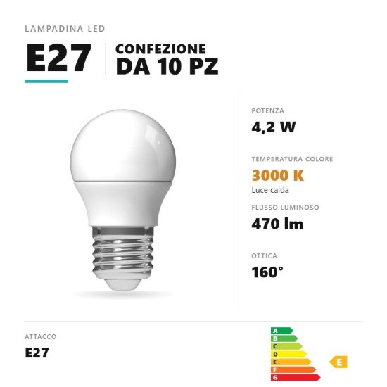 Lampadina e27 led 4,2w a sfera 3000k dimmerabile bianco confezione 10 pezzi gea luce