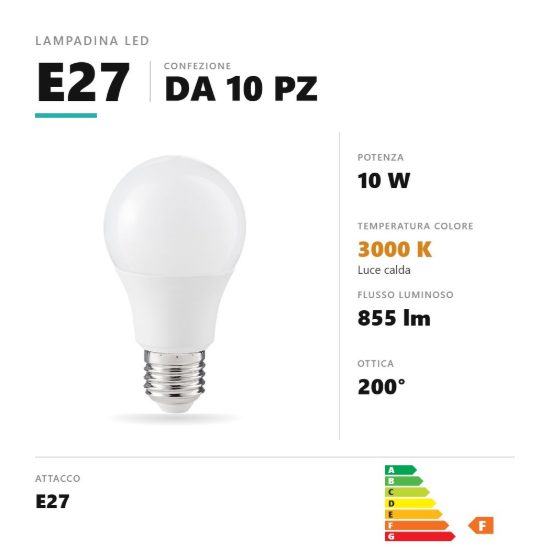 Lampadina e27 led 10w a goccia 3000k bianco opale confezione 10 pezzi gea luce