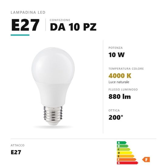 Lampadina e27 led 10w a goccia 4000k bianco opale confezione 10 pezzi gea luce