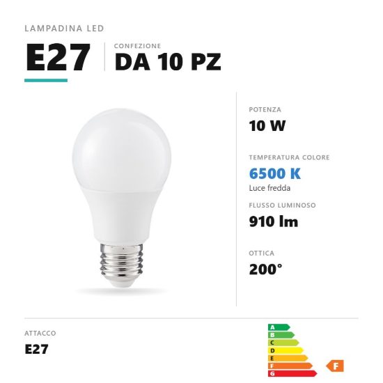 Lampadina e27 led 10w a goccia 6500k bianco opale confezione 10 pezzi gea luce