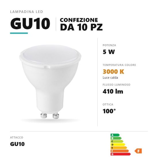 Lampadina gu10 led 5w a faretto 3000k ottica 100° bianco opale confezione 10 pezzi gea luce