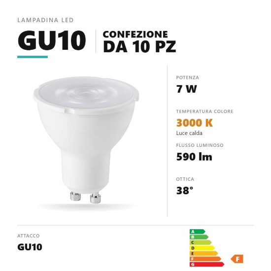 Lampadina gu10 led 7w a faretto 3000k ottica 38° bianco opale confezione 10 pezzi gea luce