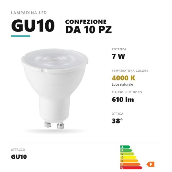 Lampadina gu10 led 7w a faretto 4000k ottica 38° bianco opale confezione 10 pezzi gea luce