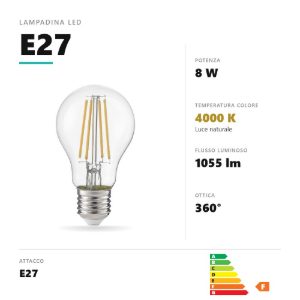 Lampadina e27 led filamento 8w a goccia 4000k trasparente gea luce
