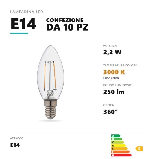 Lampadina e14 led filamento 2,2w a candela 3000k trasparente confezione 10 pezzi gea luce