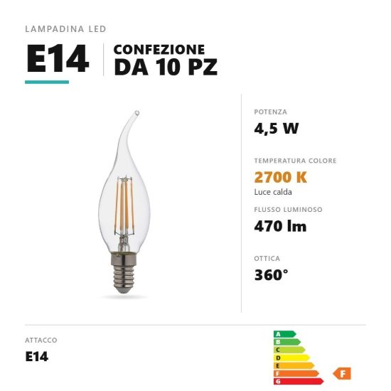 Lampadina e14 led filamento 4,5w colpo di vento 2700k trasparente confezione 10 pezzi gea luce