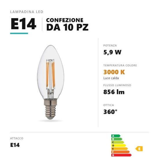 Lampadina e14 led filamento 5,9w a candela 3000k trasparente confezione 10 pezzi gea luce