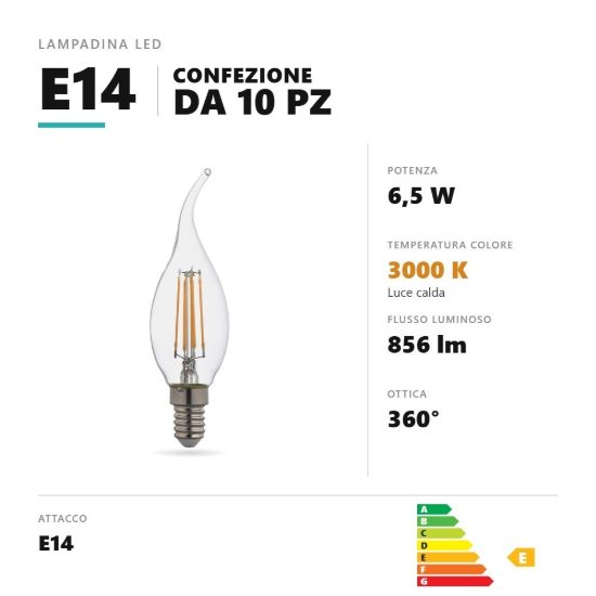 Lampadina e14 led filamento 6,5w colpo di vento 3000k trasparente confezione 10 pezzi gea luce