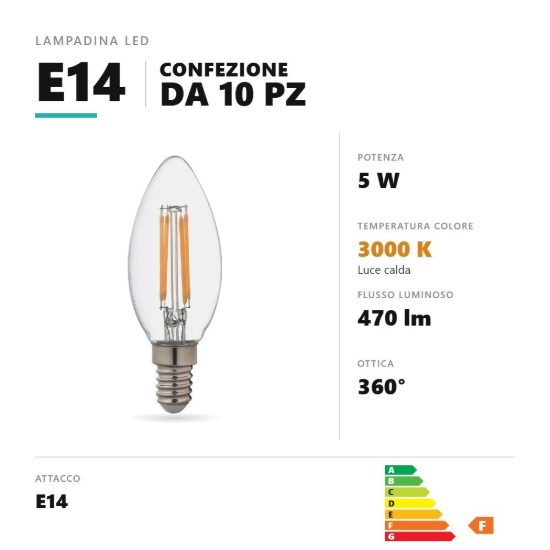 Lampadina e14 led filamento 5w a candela 3000k trasparente confezione 10 pezzi gea luce