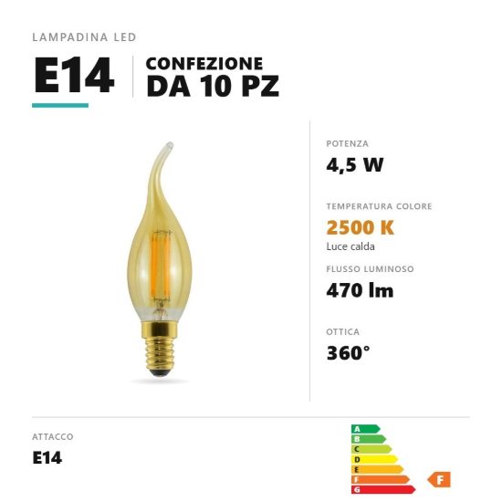 Lampadina e14 led filamento 4,5w colpo di vento 2500k oro trasparente confezione 10 pezzi gea luce