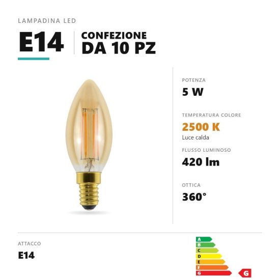 Lampadina e14 led filamento 5w a candela 2500k oro trasparente confezione 10 pezzi gea luce