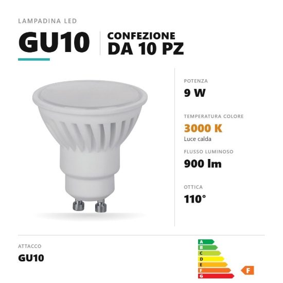 Lampadina gu10 led 9w a faretto 3000k ottica 110° bianco confezione 10 pezzi gea luce