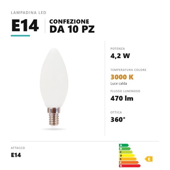 Lampadina e14 led filamento 4,2w a candela 3000k bianco confezione 10 pezzi gea luce