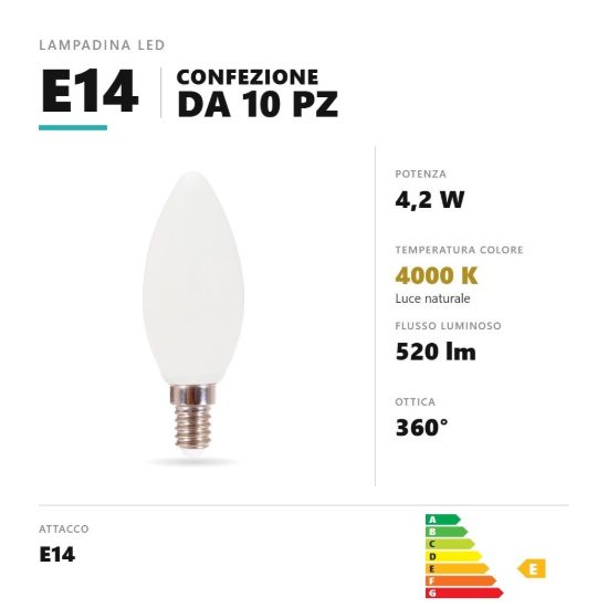 Lampadina e14 led filamento 4,2w a candela 4000k bianco confezione 10 pezzi gea luce