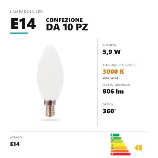 Lampadina e14 led filamento 5,9w a candela 3000k bianco confezione 10 pezzi gea luce