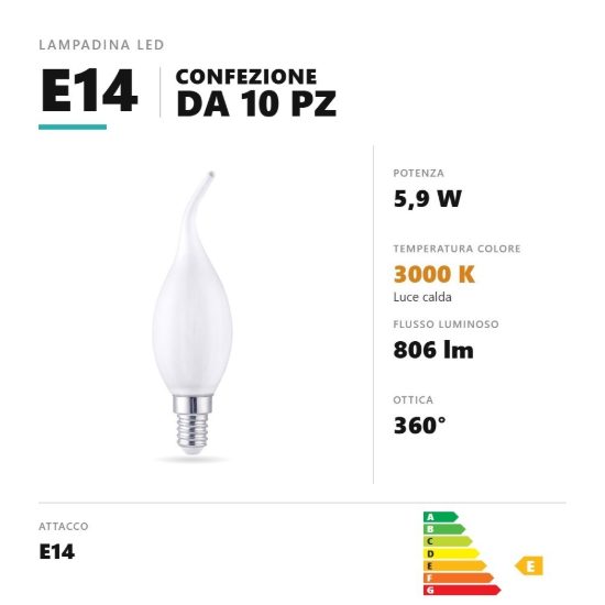 Lampadina e14 led filamento 5,9w colpo di vento 3000k bianco confezione 10 pezzi gea luce