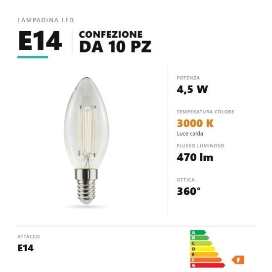 Lampadina e14 led filamento 4,5w a candela 3000k trasparente confezione 10 pezzi gea luce