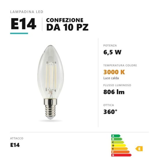 Lampadina e14 led filamento 6,5w a candela 3000k trasparente confezione 10 pezzi gea luce