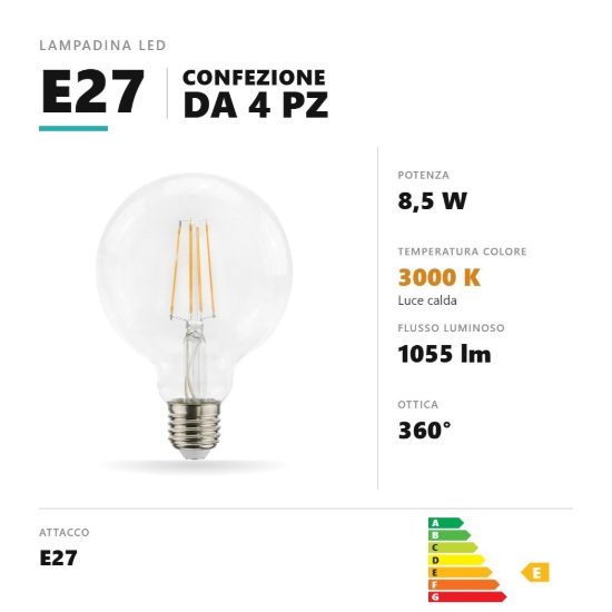 Lampadina e27 led filamento 8,5w a globo g95 3000k trasparente confezione 4 pezzi gea luce