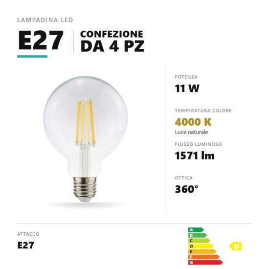 Lampadina e27 led filamento 11w a globo g95 4000k trasparente confezione 4 pezzi gea luce