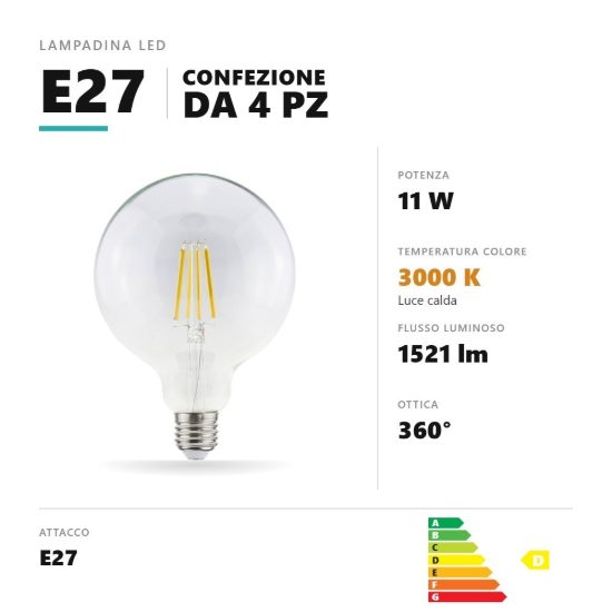 Lampadina e27 led filamento 11w a globo g125 3000k trasparente confezione 4 pezzi gea luce