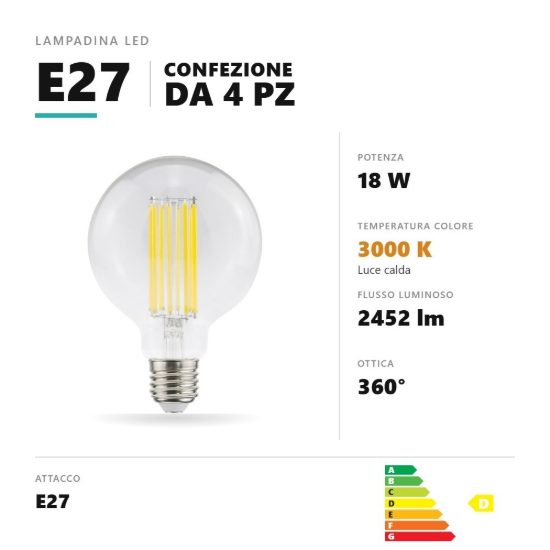 Lampadina e27 led filamento 18w a globo g95 3000k trasparente confezione 4 pezzi gea luce