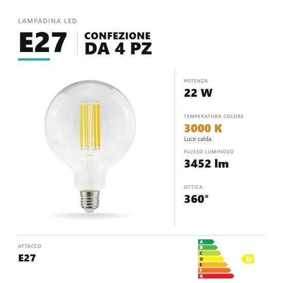 Lampadina e27 led filamento 22w a globo g125 3000k trasparente confezione 4 pezzi gea luce