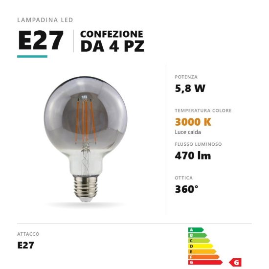 Lampadina e27 led filamento 5,8w a globo g95 3000k fumè trasparente confezione 4 pezzi gea luce
