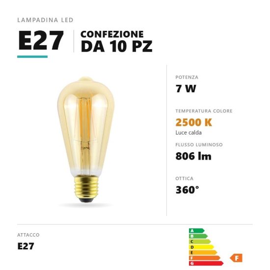 Lampadina e27 led filamento 7w edison 2500k oro trasparente confezione 10 pezzi gea luce