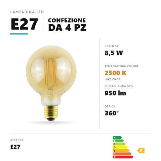 Lampadina e27 led filamento 8,5w a globo g95 2500k oro trasparente confezione 4 pezzi gea luce