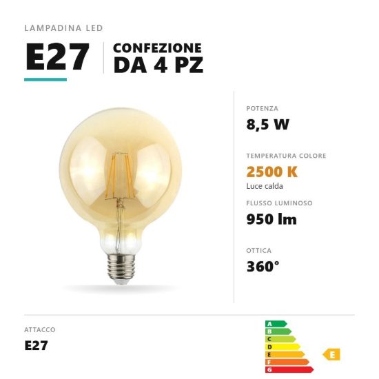 Lampadina e27 led filamento 8,5w a globo g125 2500k oro trasparente confezione 4 pezzi gea luce
