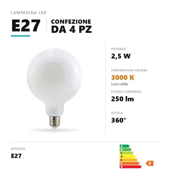 Lampadina e27 led filamento 2,5w a globo g125 3000k bianco confezione 4 pezzi gea luce