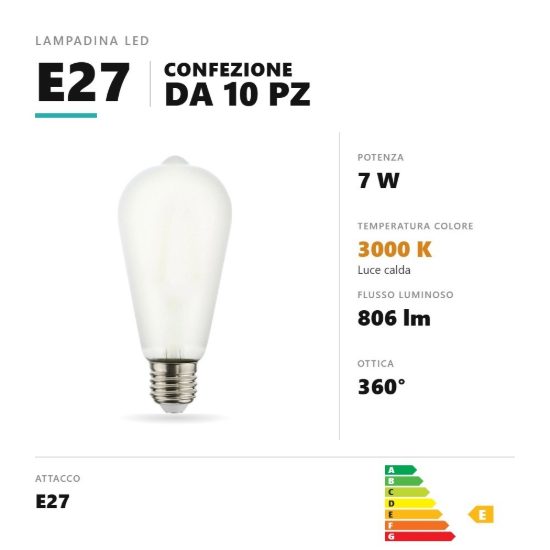 Lampadina e27 led filamento 7w edison 3000k bianco confezione 10 pezzi gea luce